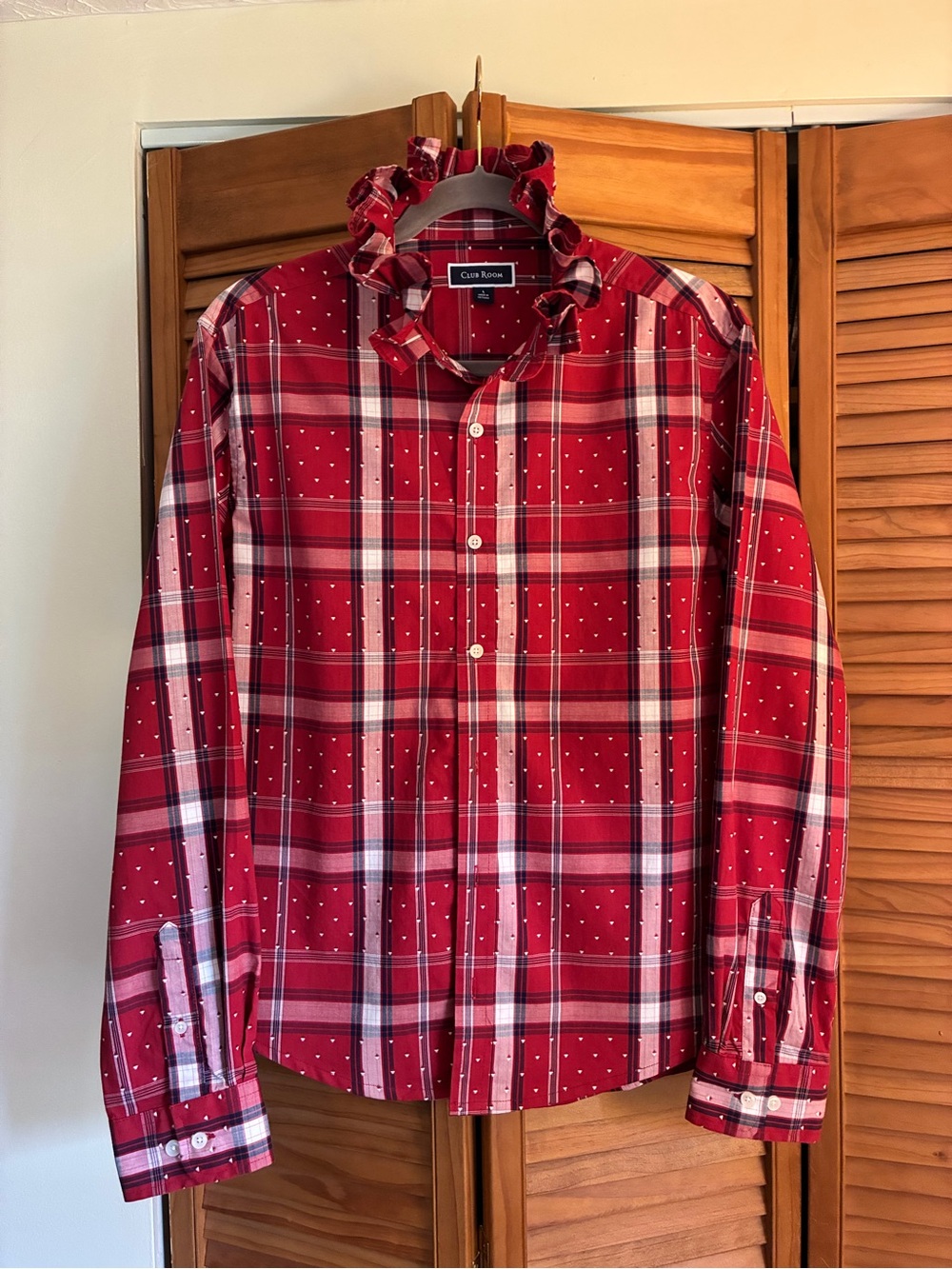 Club Room Red Plaid ruffle collar Shirt - Picture 4 of 5